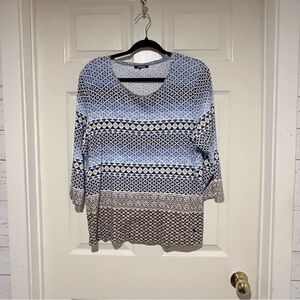 Blue Patterned Long Sleeve Women's Tee - Relaxed Fit